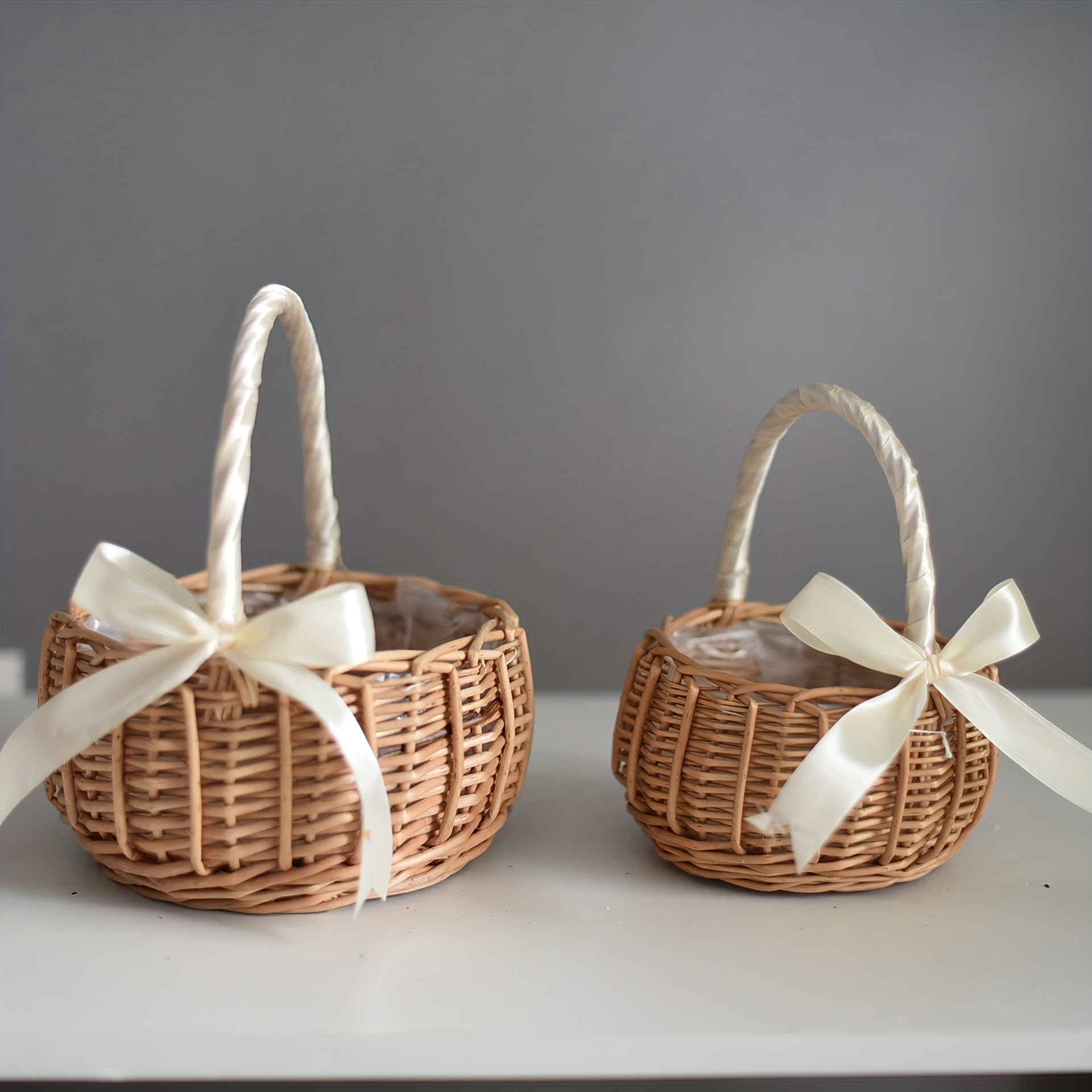 2 cestas de flores para niña con mango de perla, cestas de mimbre hechas a  mano con lazo de encaje, cestas decorativas rústicas de flores para