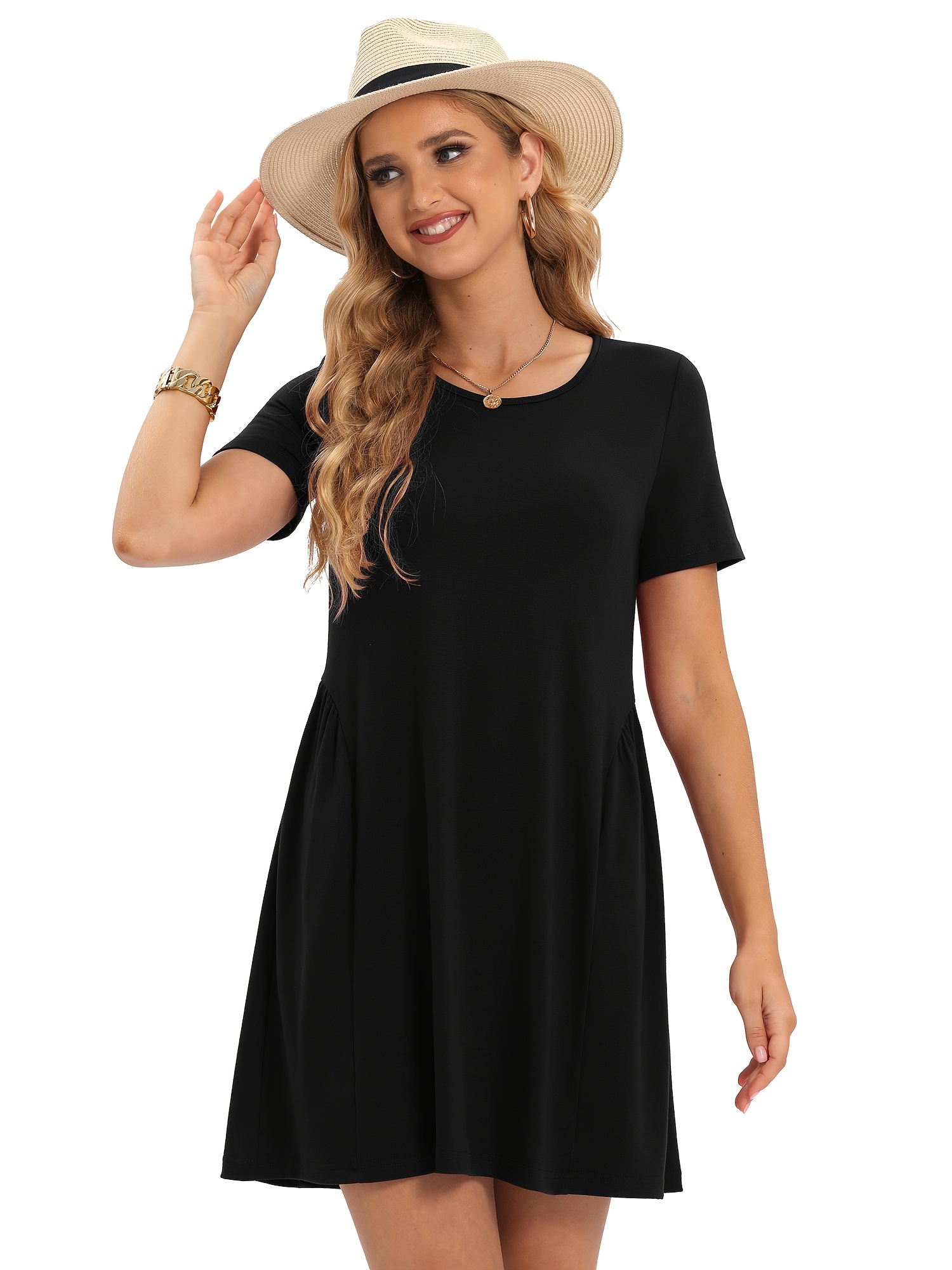 CATHY Women's 3/4 Sleeve 2024 Casual High Waist Round Neck Midi Dress with  Pockets, S, Bank's Rose-Black at  Women's Clothing store