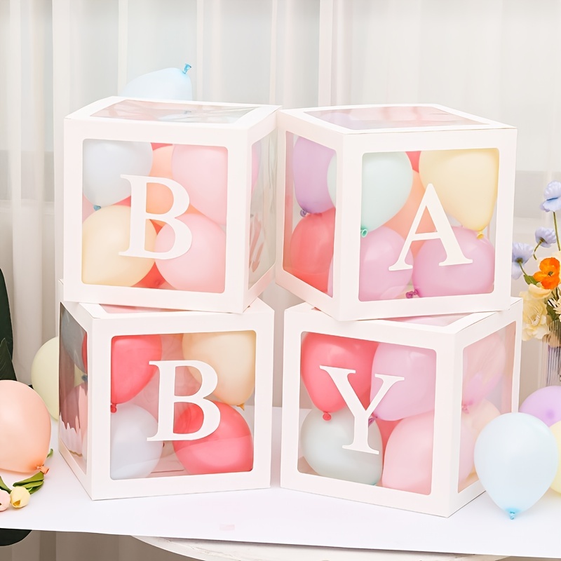  Cajas de globos para baby shower, cajas de bebé con 27 letras,  4 bloques transparentes para baby shower, revelación de género, boda,  decoración de fiesta de cumpleaños de niño y niña