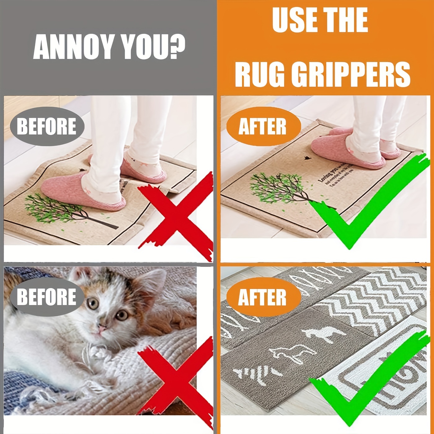 Rug Grippers, 16 pcs Double Sided Washable Removable Anti Curling Corner Carpet  Gripper, Non Slip Renewable Adhesive Rug Tape for Hardwood Floors and Tile  