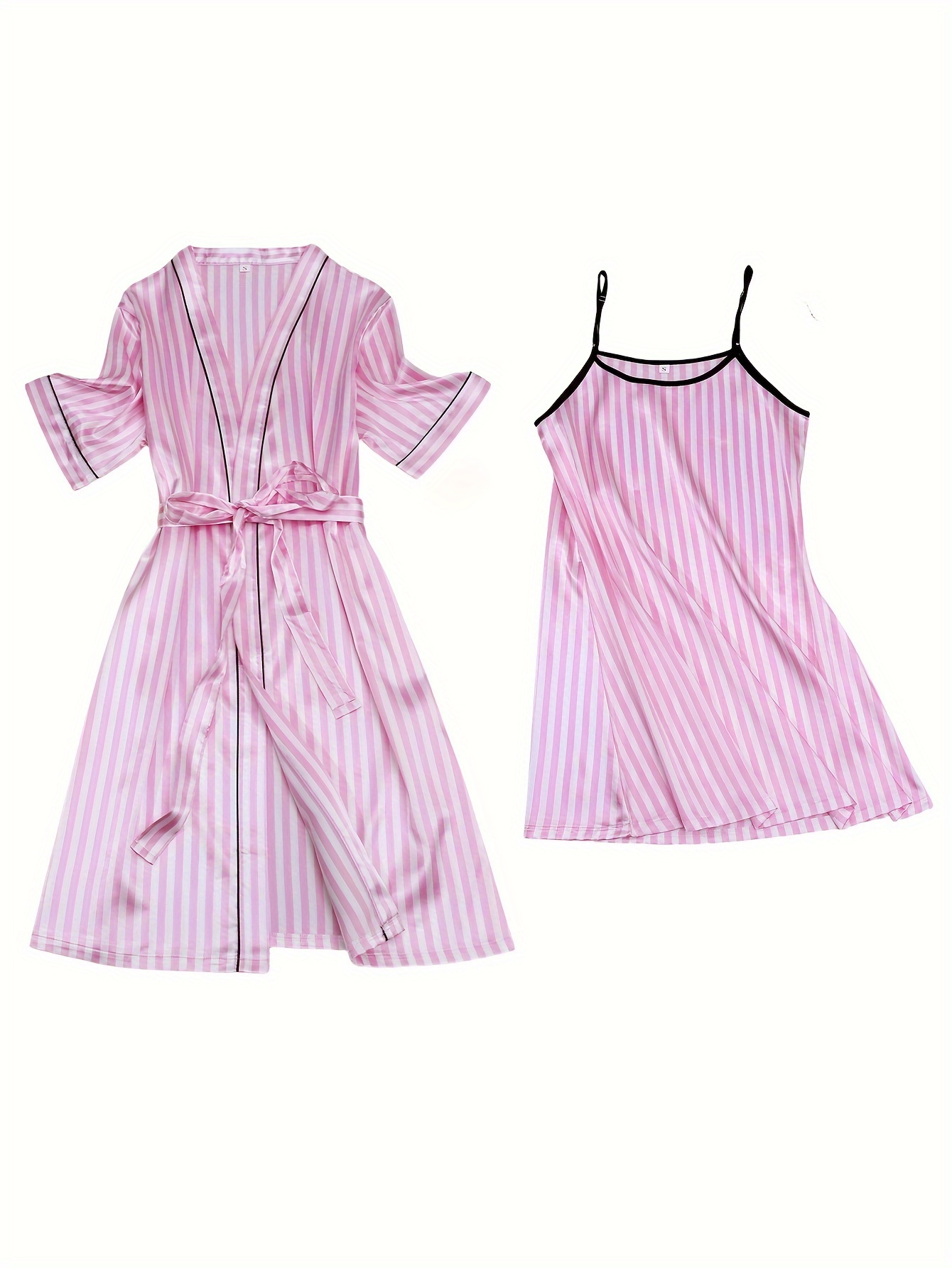 Solid Pajama Set Half Sleeve Robe Belt Crew Neck Slip Dress - Temu Canada