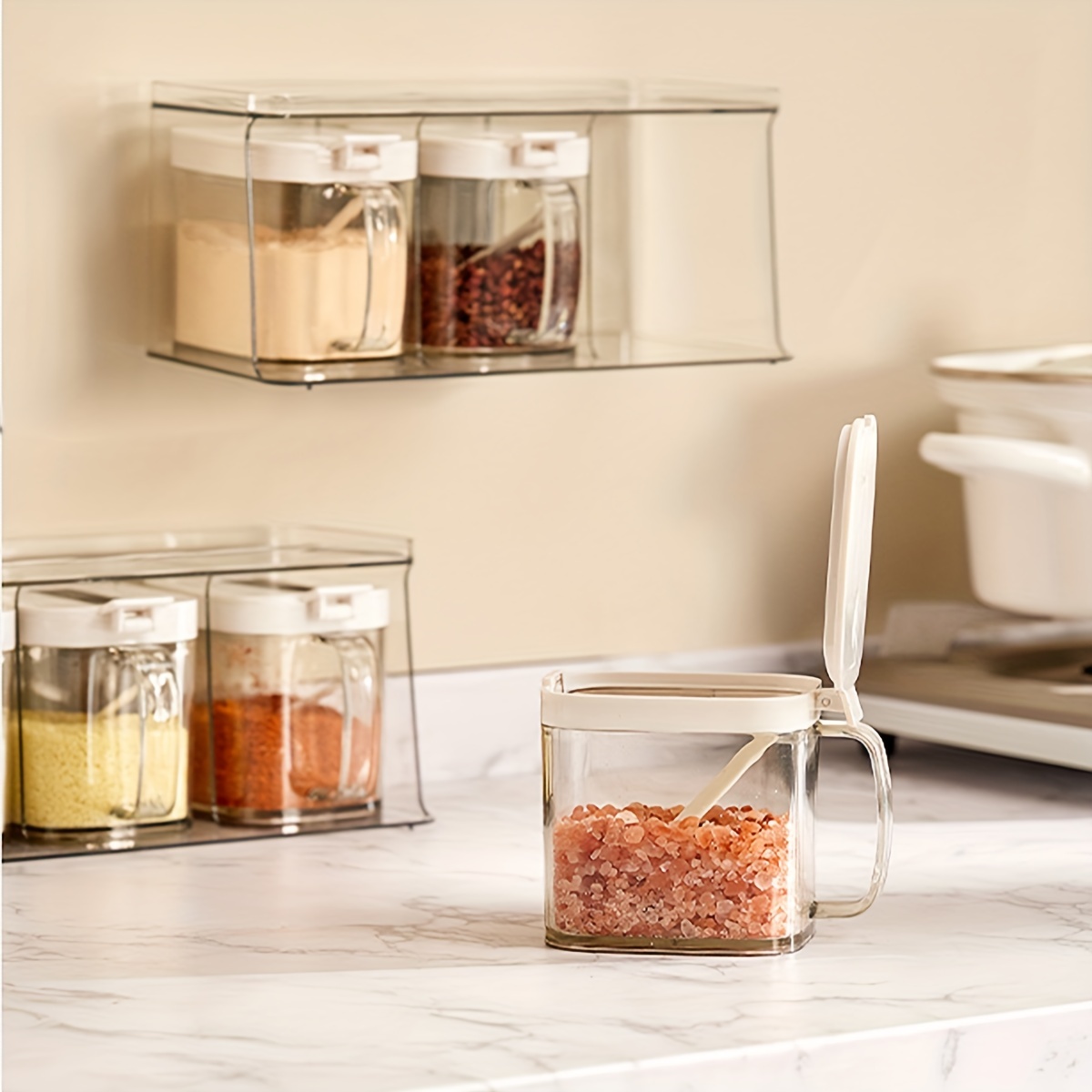 Condiment Jars with Lids and Spoons, Set of 3 Spice Jars Kitchen  Transparent Condiment Salt Pepper