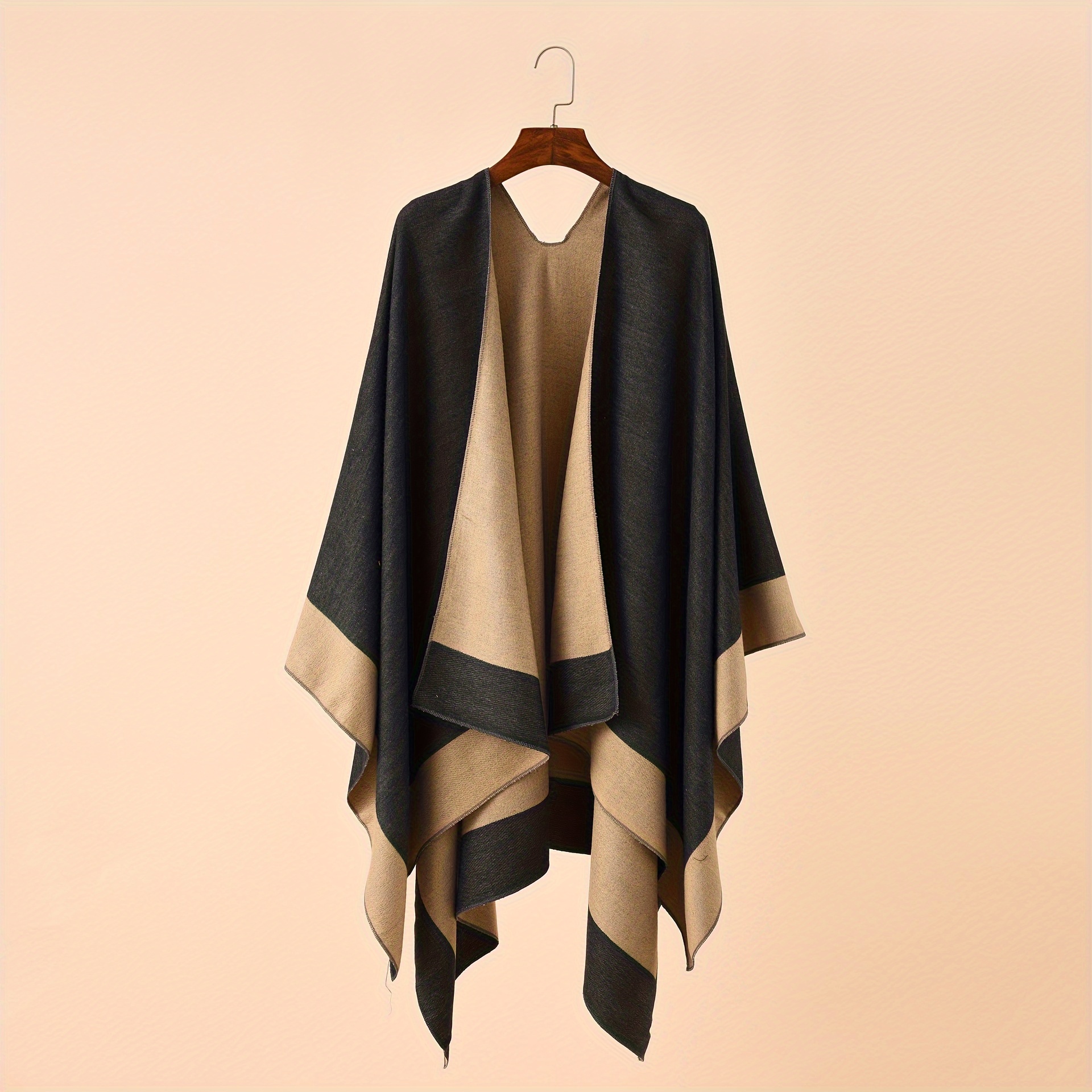 

Women's Elegant Polyester Poncho Wrap - 100% Polyester, Woven, Only - Fall/winter Shawl For Casual And Travel - Chic Unisex Blanket Scarf In Neutral Tones