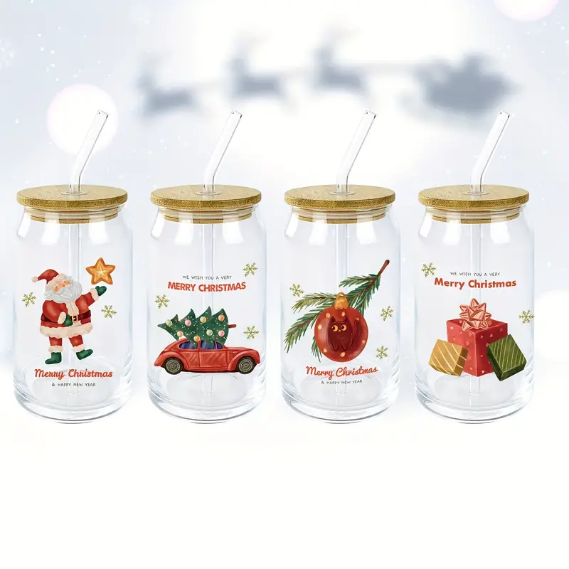 Christmas Drinking Glasses With Bamboo Lids And Straws Can - Temu