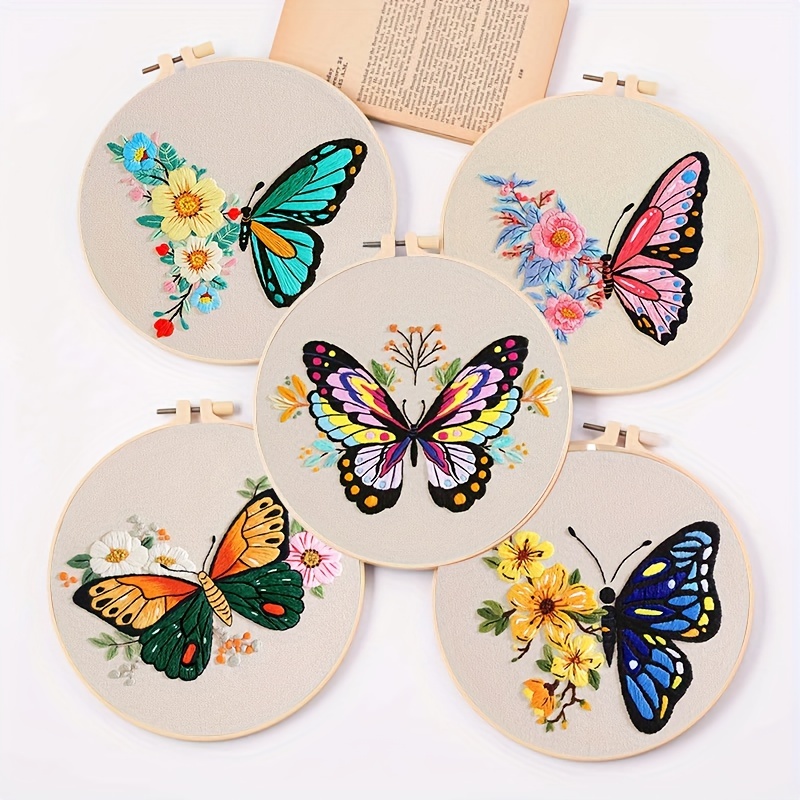 Kit de bordado de mariposa para adultos principiantes, kits de punto de  cruz estampado con patrón de mariposa, aros de tela bordados, hilos y  agujas