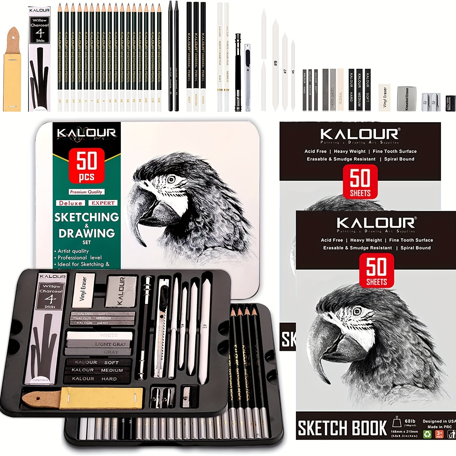 50 Pack Drawing Set Sketch Kit, Sketching Supplies with 3-Color Sketchbook,  Graphite, and Charcoal Pencils, Pro Art Drawing Kit for Artists Adults  Teens Beginner Kid, Ideal for Shading, Blending