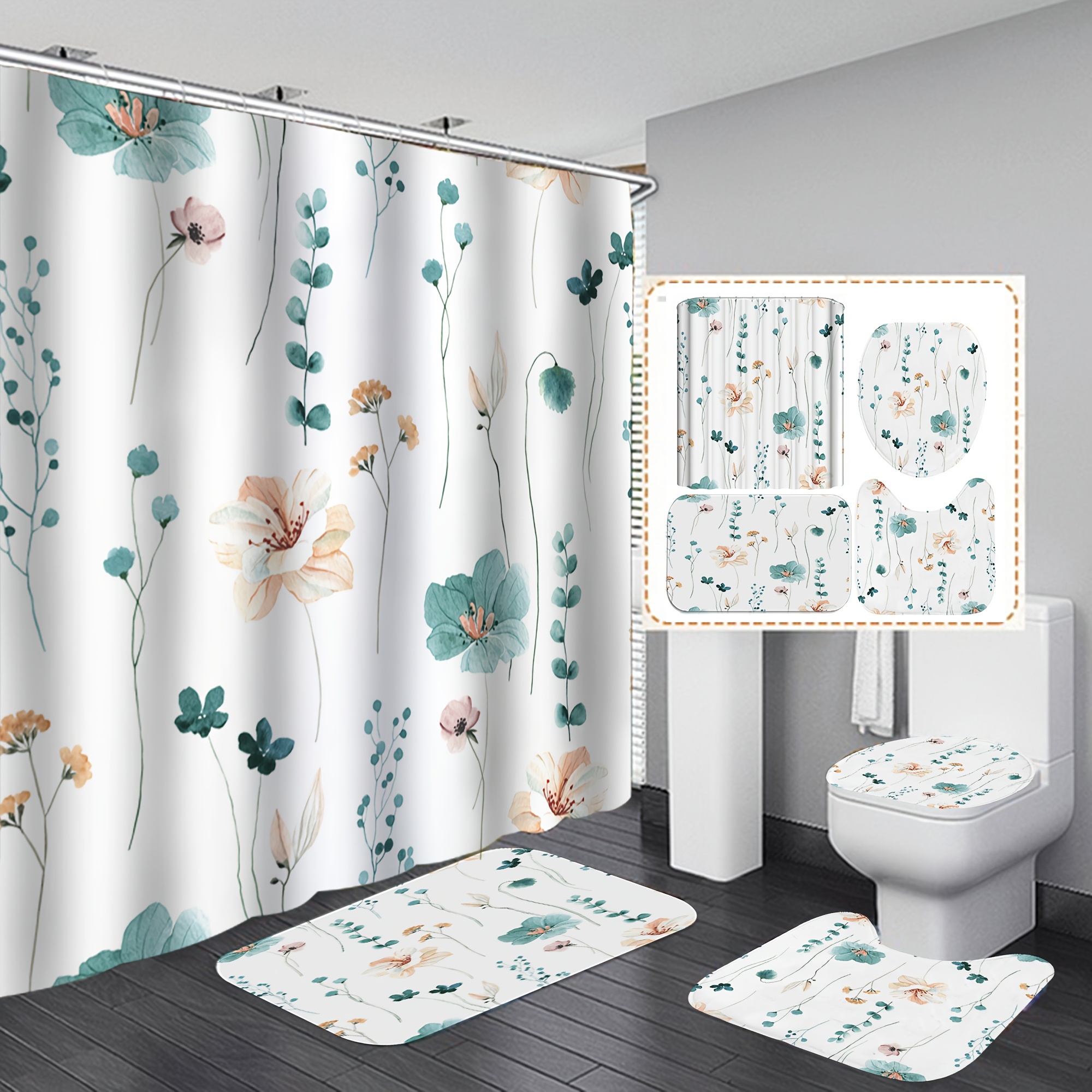 Floral Shower Curtain, Bathroom Decoration Shower Curtain Sets 72x72 inch with Hooks, Red