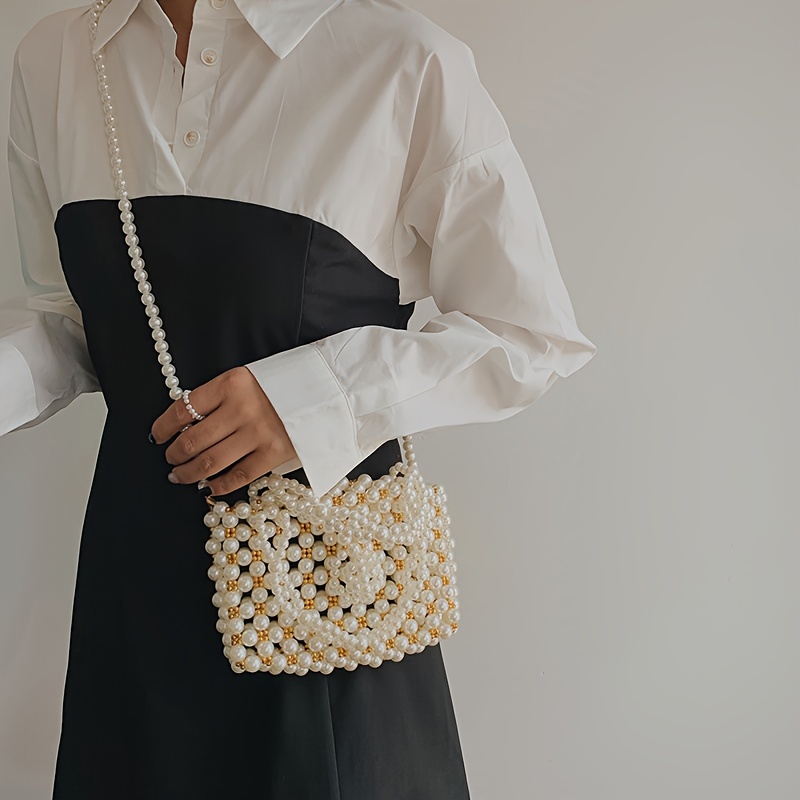 Argyle Embroidery Bucket Bag, Faux Pearl Chain Handbag, Drawstring Design  Crossbody Purse - Temu