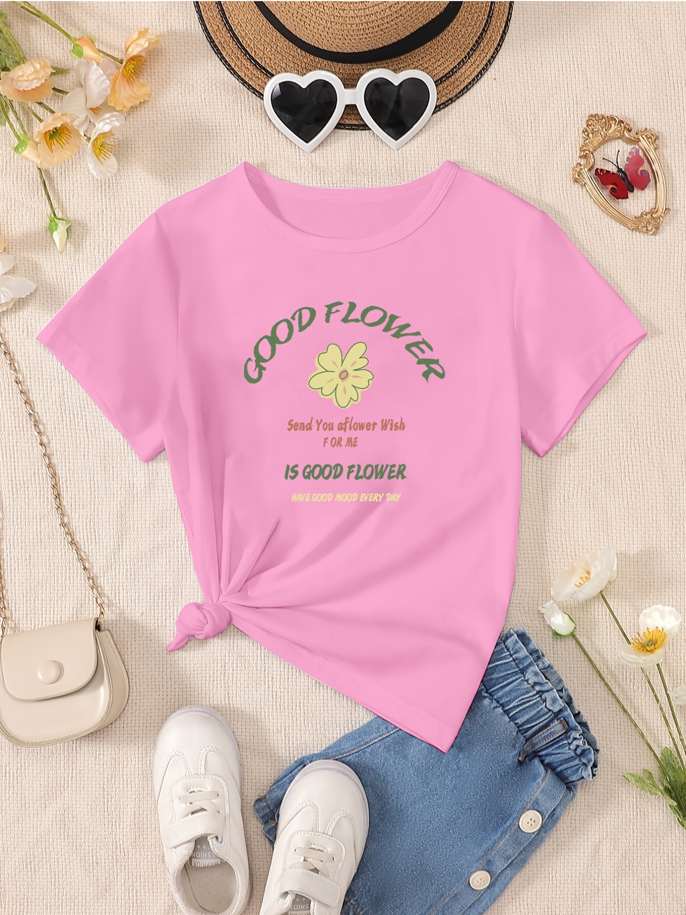 Girls Cartoon Flower Print Casual T-shirt, Comfy Fit Short Sleeve