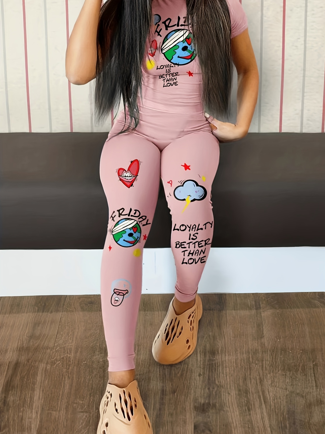 Graffiti Print Two Piece Set Short Sleeve Tops & High Waist Long Pants