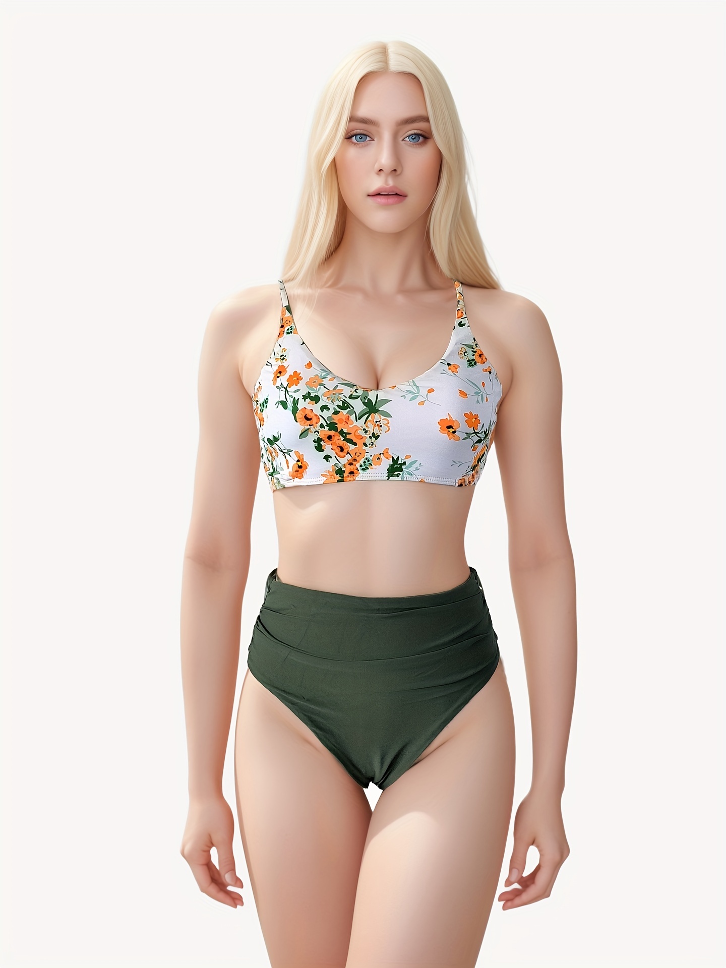 Floral Prit Criss Cross Tie Back Bikini High Waist Ruched - Temu Canada