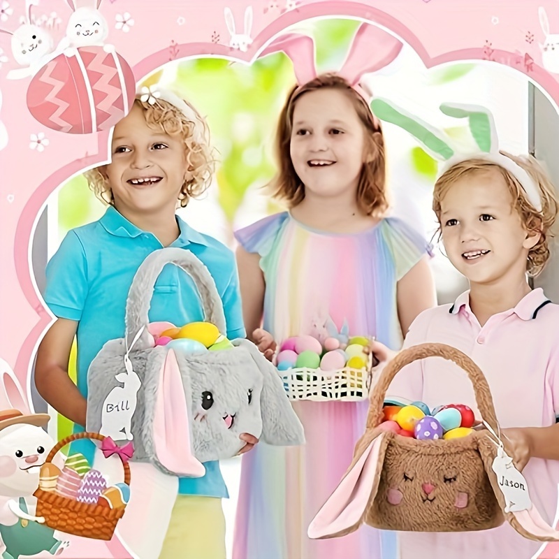 4pcs set plush bunny basket bucket with long plush ear fluffy egg hunting gift bag tote bag with bunny gift tag white pink gray brown