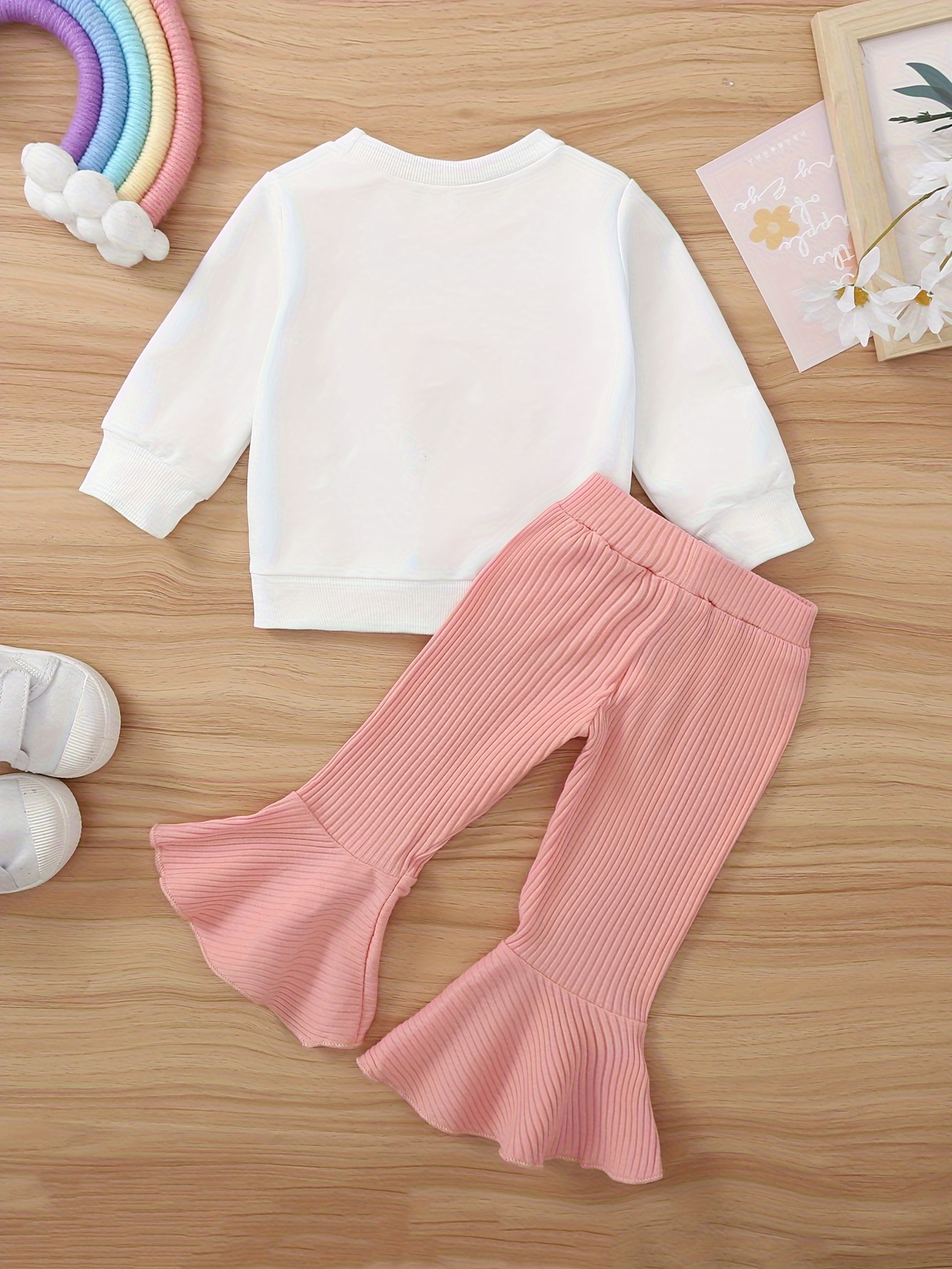 2pcs/set, Baby Girl's Comfy Set, Daddy's Girl & Rainbow Doodle Print  Sweatshirt & Ribbed Bell-bottoms Set For Fall & Winter