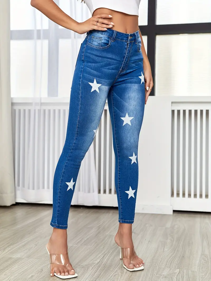 Calças de ganga de cintura alta com estampado de estrelas, jeans skinny com  bolsos cortados de alta elasticidade, jeans e roupas de ganga femininas