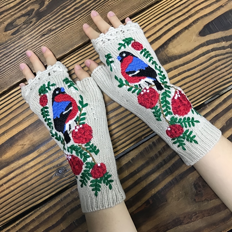 Cute Bird Embroidered Knit Gloves Stylish Warm Fingerless Gloves Autumn Winter Coldproof Elastic Writing Gloves,Temu