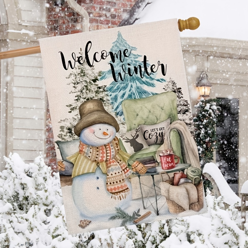 1pc welcome winter snowman garden flag double sided snowy pine trees decorative house yard couch coffee outdoor small flag christmas holiday farmhouse seasonal decor home outside decoration 12x18in no flagpole