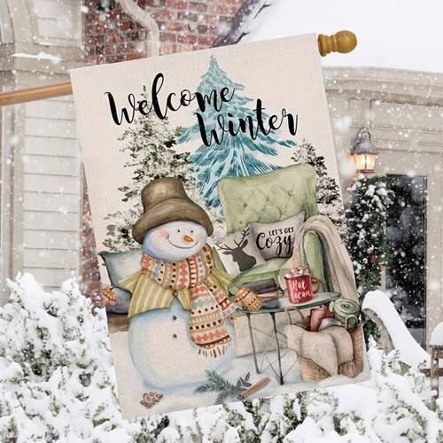 1pc welcome winter snowman garden flag double sided snowy pine trees decorative house yard couch coffee outdoor small flag christmas holiday farmhouse seasonal decor home outside decoration 12x18in no flagpole