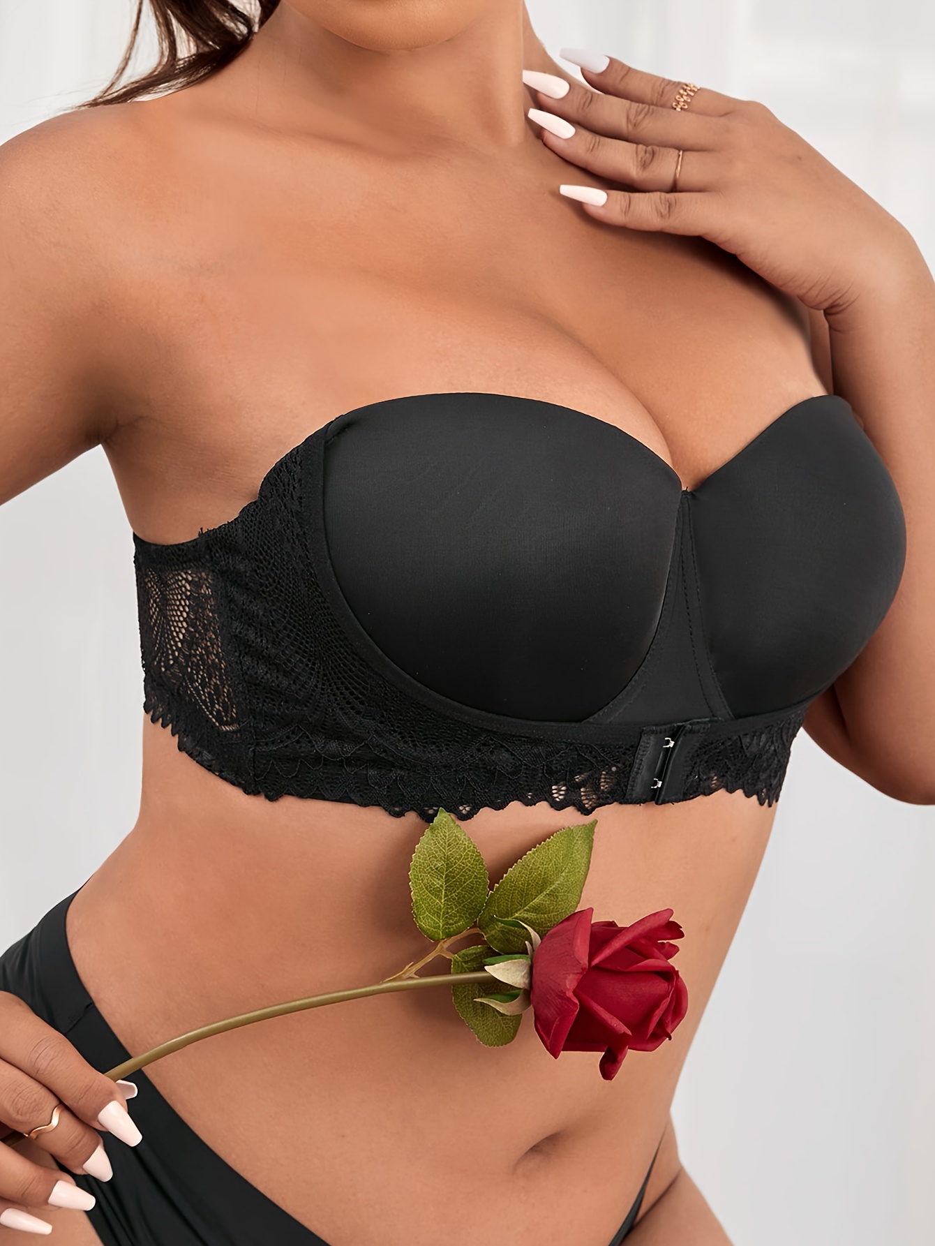 Plus Size Elegant Bra, Women's Plus Contrast Lace Closure Front Padded  Underwire Bra