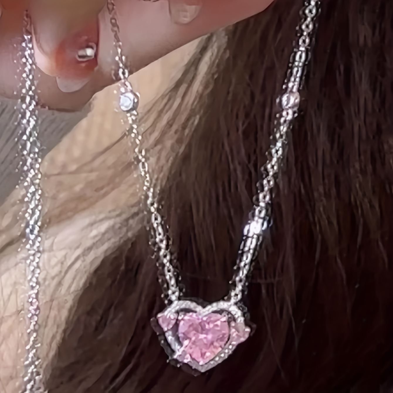 Y2K Pink Heart Rhinestone Necklace