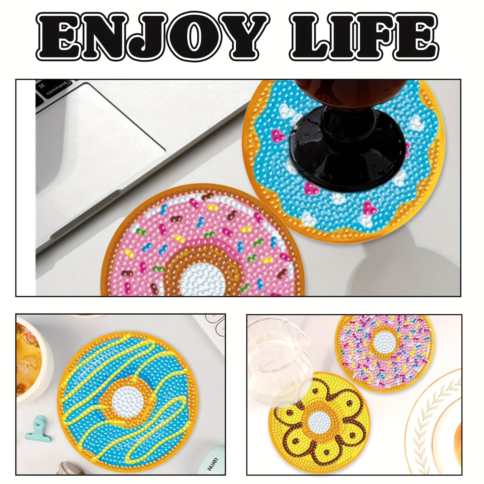 Diamond Painting Kits Wood Coasters With Stand, Diy Donut Diamond