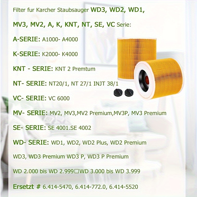 Filtros Lavables para Aspiradora Kärcher WD3 WD2 WD3.200 WD3300, Filtro  Kärcher a2604 a2204 a2054 a2004 a2554 a2654 Filtro Húmedo y Seco, Amarillo