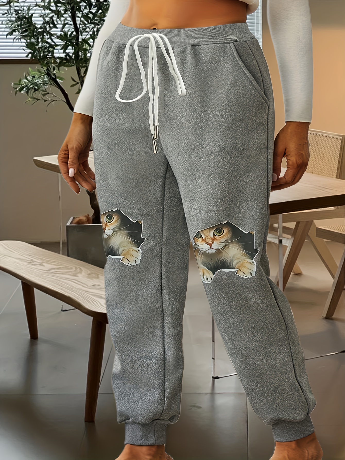 Plus Size Sporty Pants Women's Plus Cute Cat Print Slight - Temu