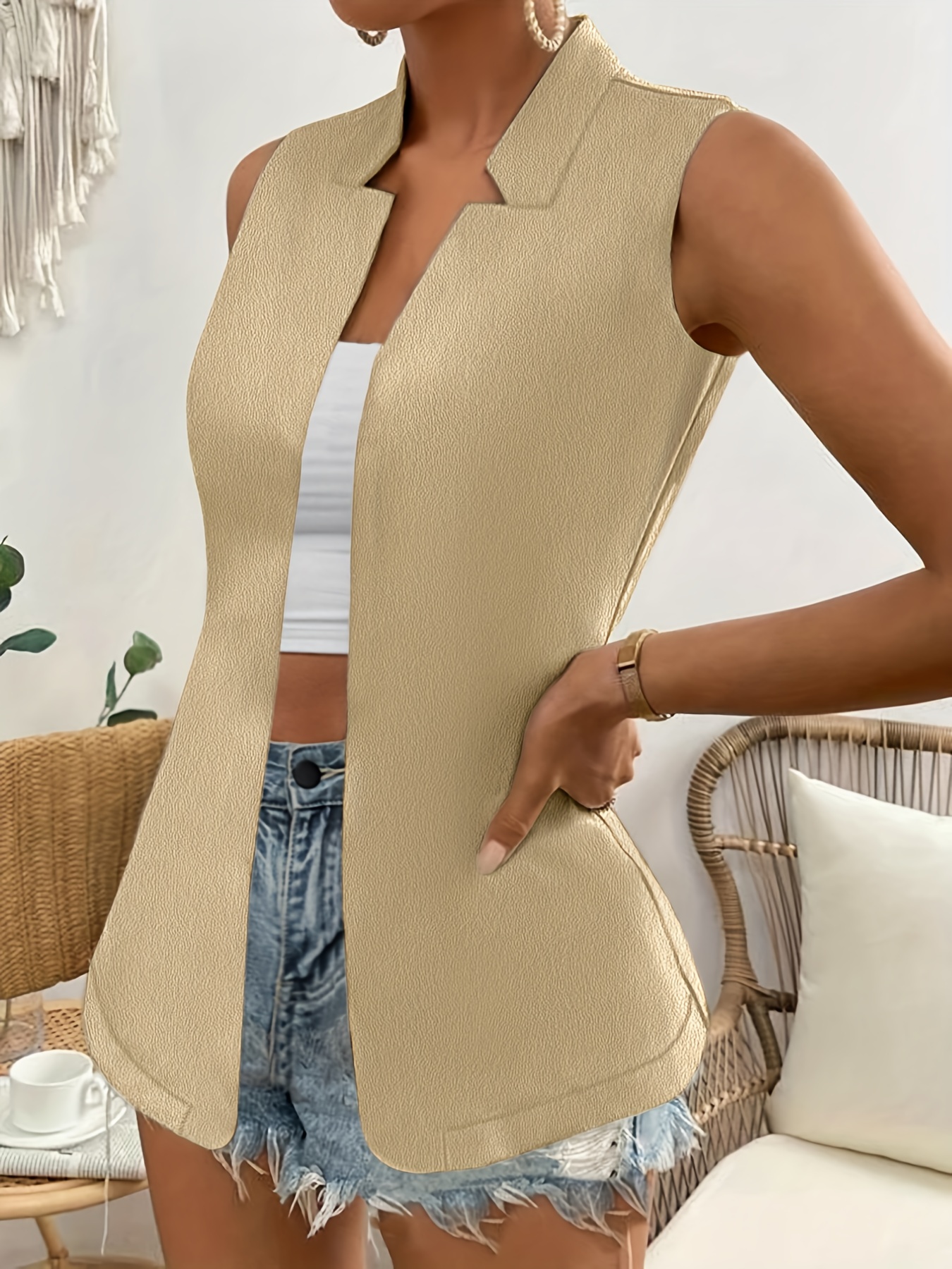 Women's Sleeveless Beige Vest with Solid pattern
