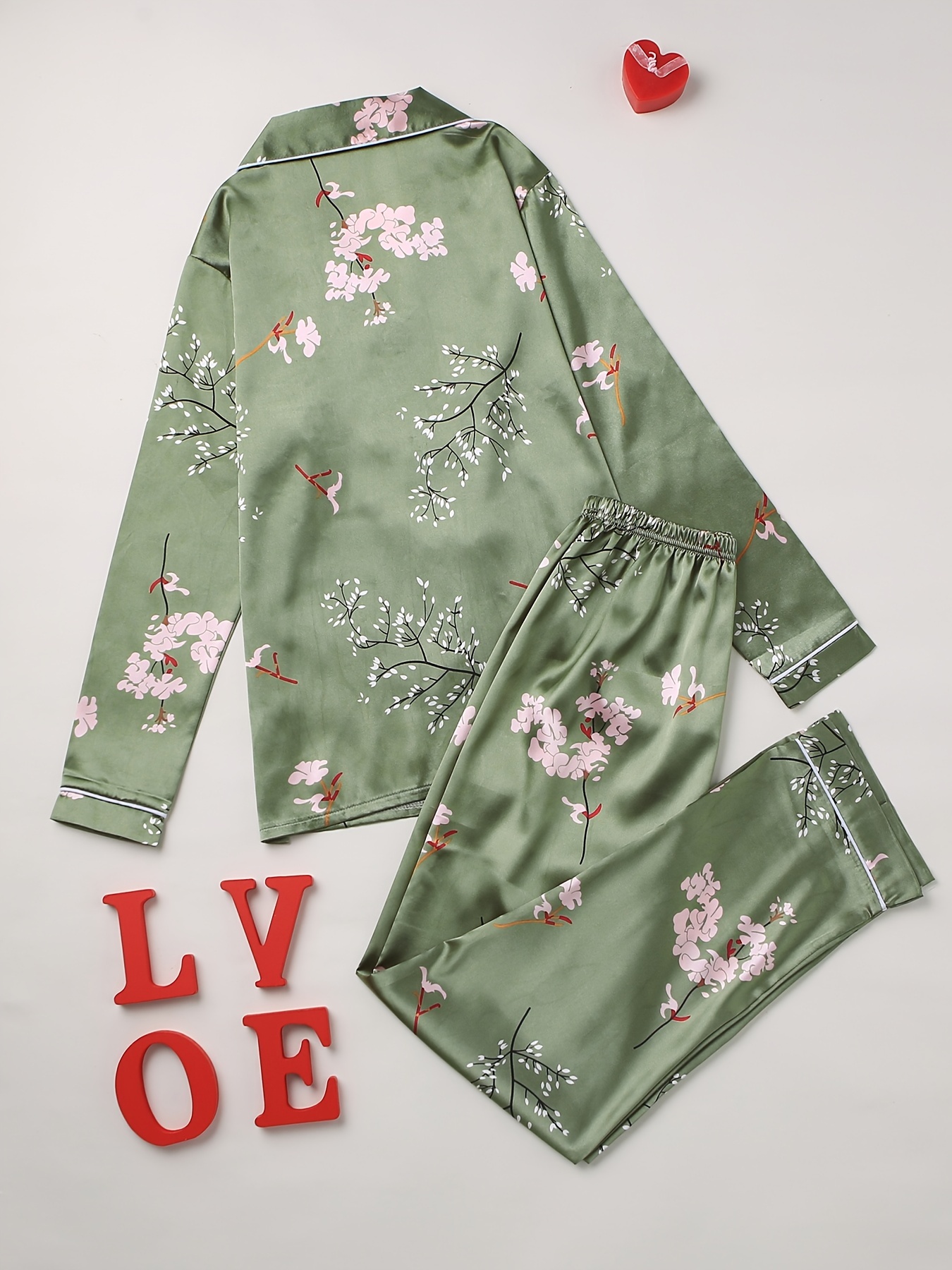 Elegant Floral Print Pajama Set, Long Sleeve Blouse Top & Elastic Waistband  Pants, Women's Sleepwear & Loungewear - Temu