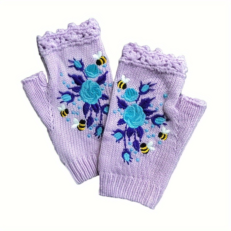 Cute Bird Embroidered Knit Gloves Stylish Warm Fingerless Gloves Autumn Winter Coldproof Elastic Writing Gloves,Temu