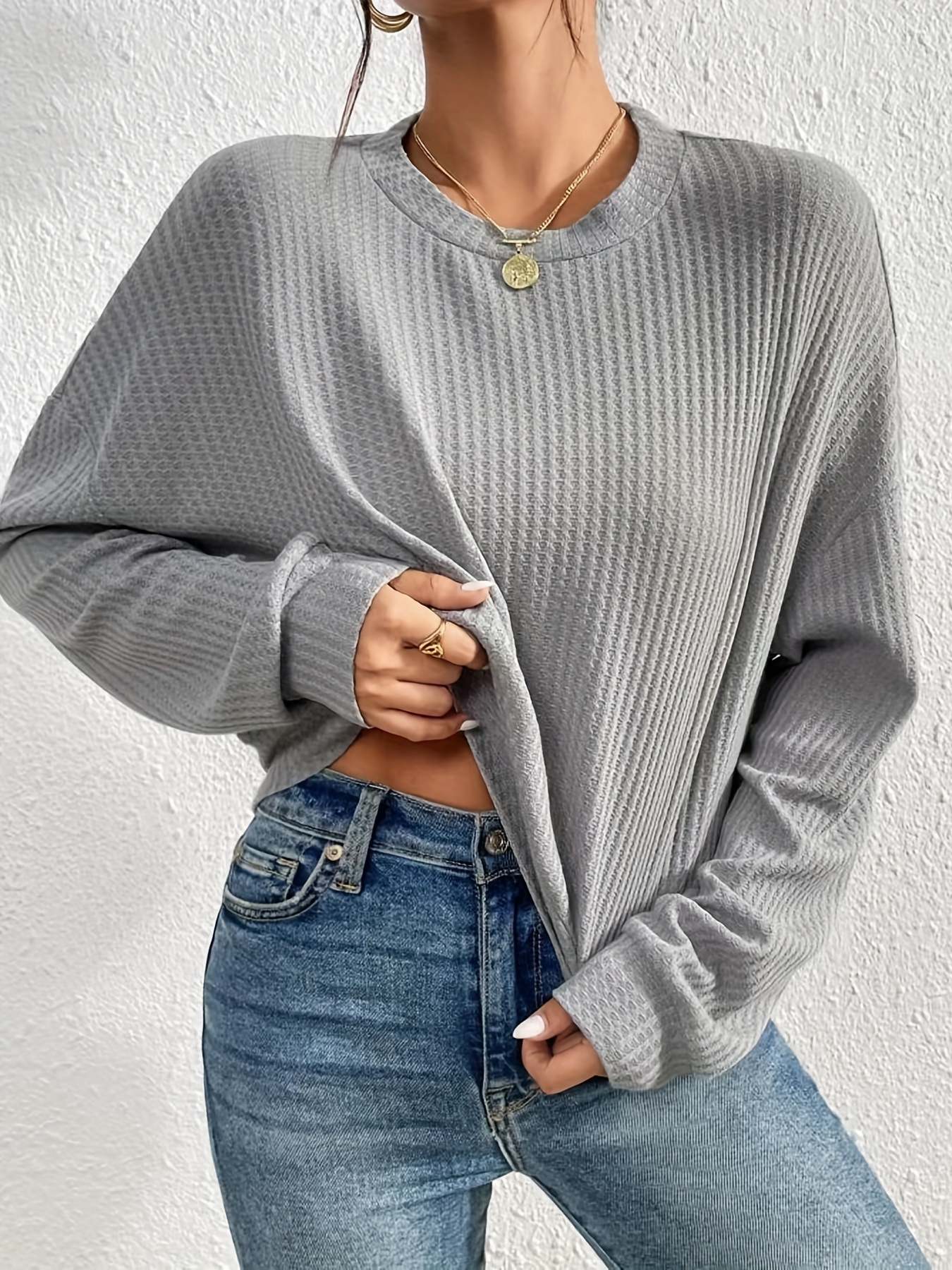 waffle knitted pullover sweater casual long sleeve crew neck sweater womens clothing details 5