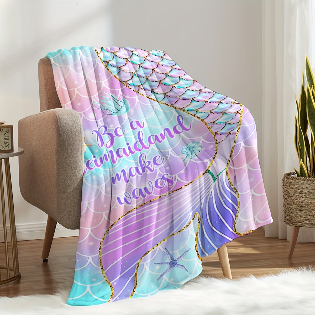 Mermaid Print Blanket Flannel Blanket Soft Warm Throw Temu