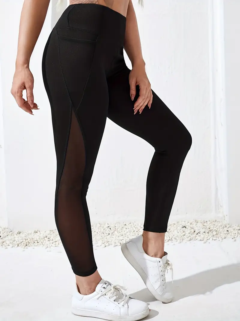 Black Side Pocket Yoga Leggings, Mesh Stitching Sexy Running Fitness Sports  Pants, Women's Activewear