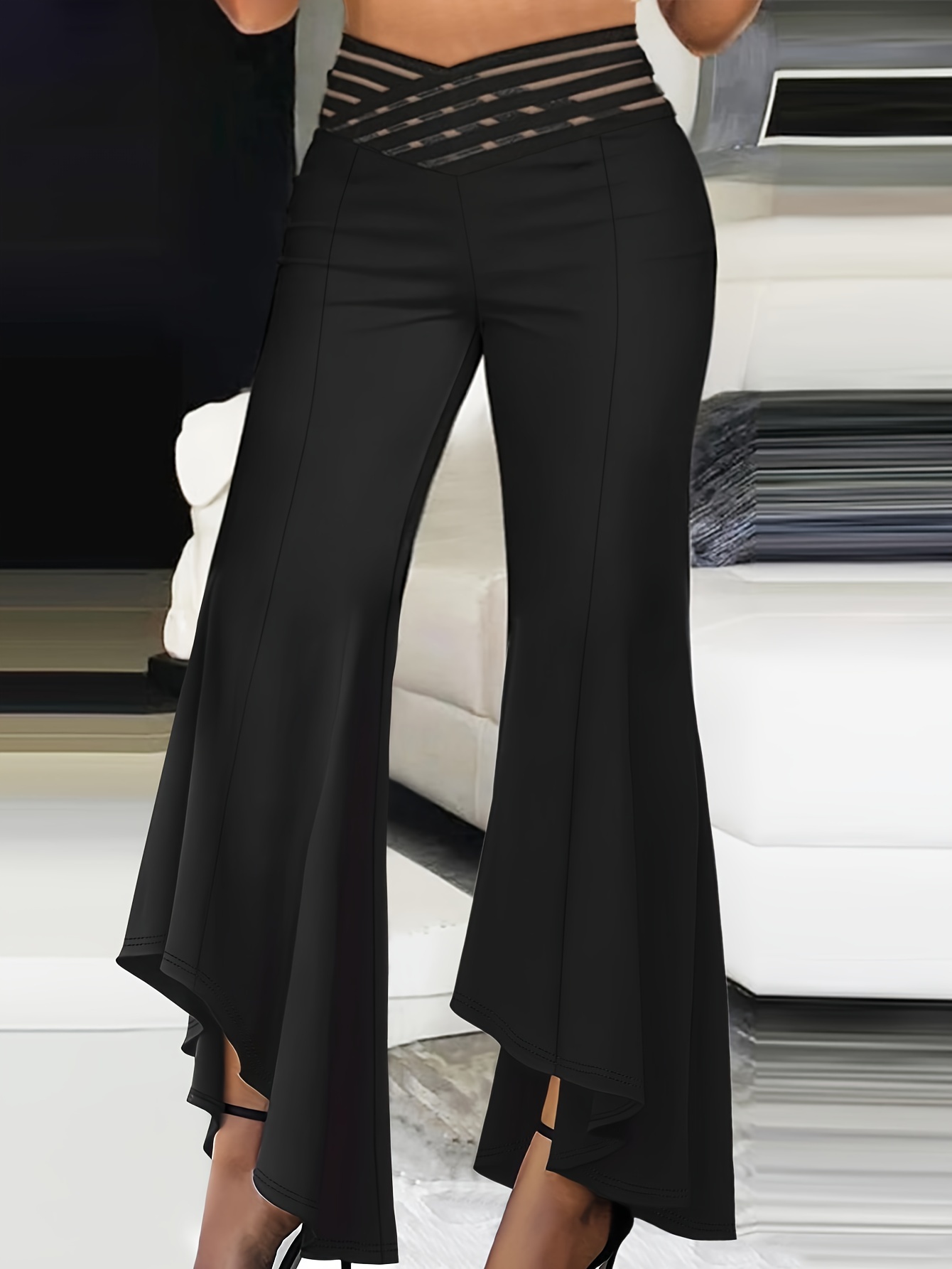 Women's Basic Elegant Pants Plus Size Solid Seam Detail High - Temu