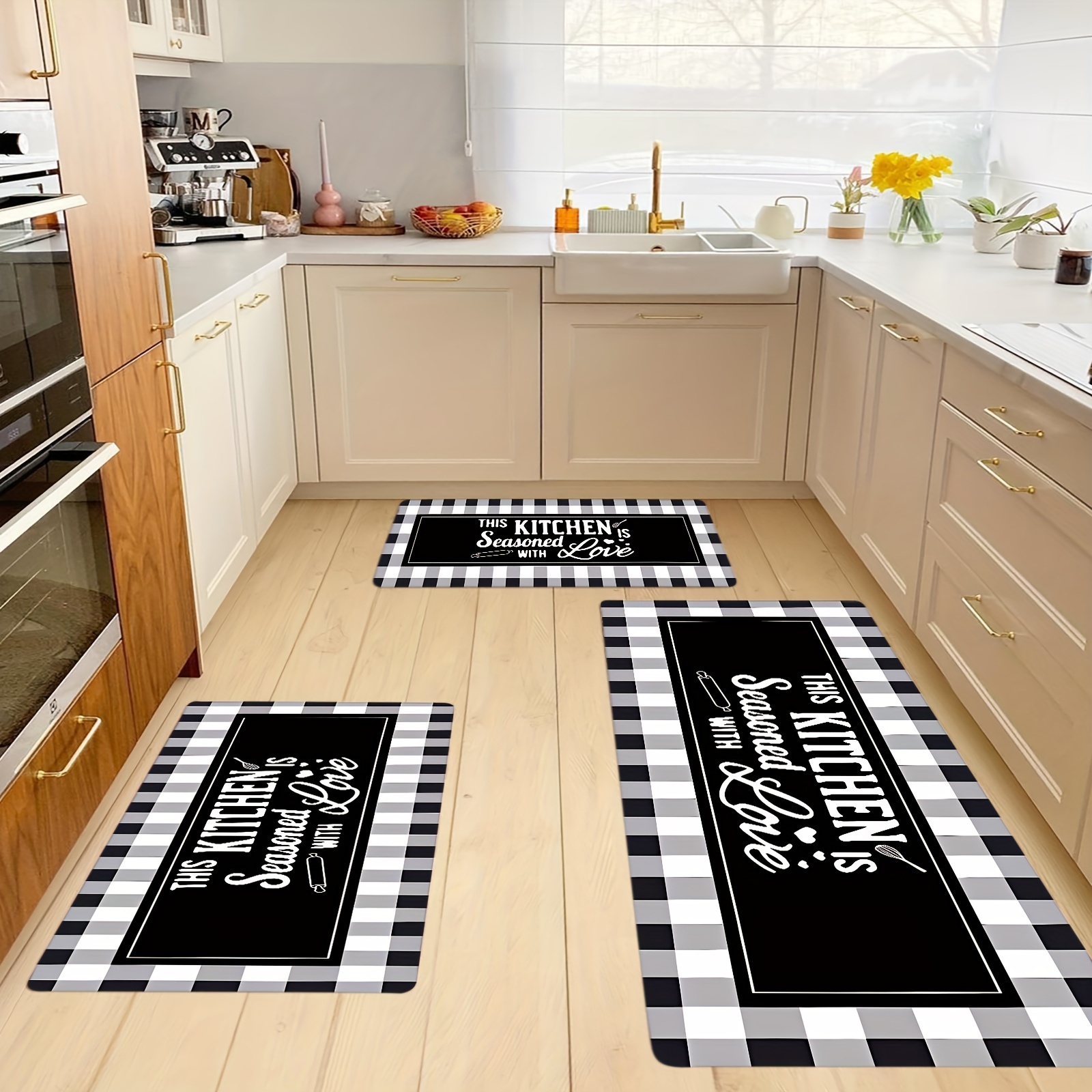 Black White Checkered Pattern Area Rug Non slip Kitchen - Temu
