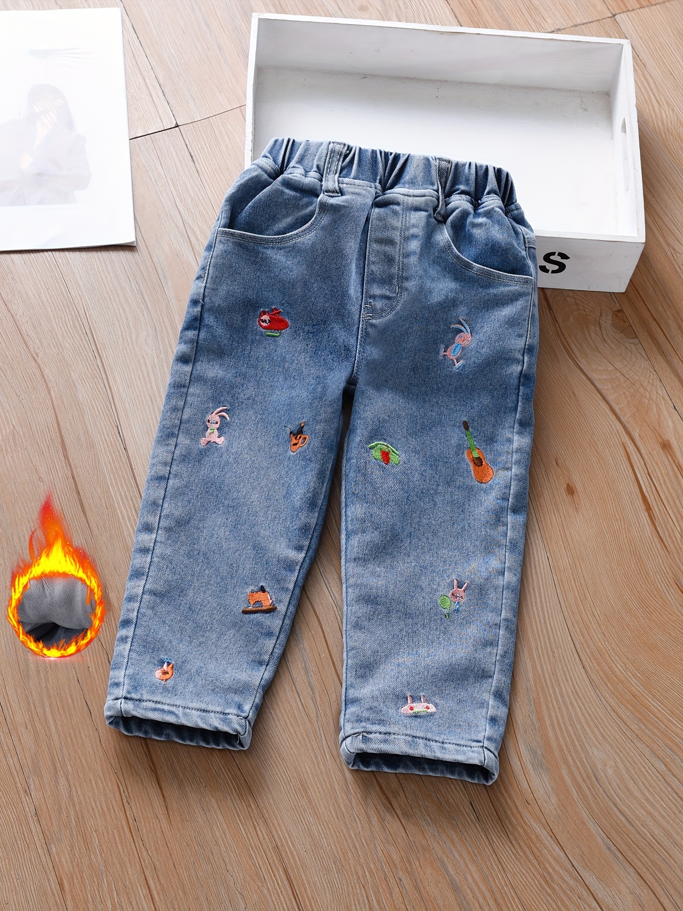 Kids Girls Jeans Star Printed Trousers Ripped Denim Pants Wide-Leg With Rope