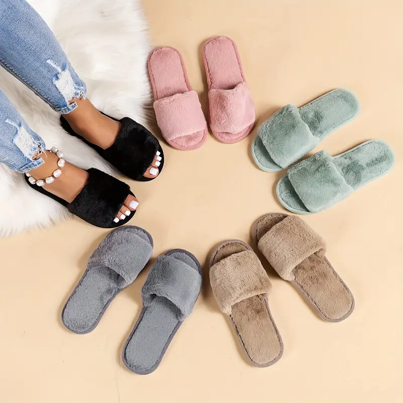 Open Toe Plush House Slippers Winter Cozy Warm Fuzzy Shoes - Temu