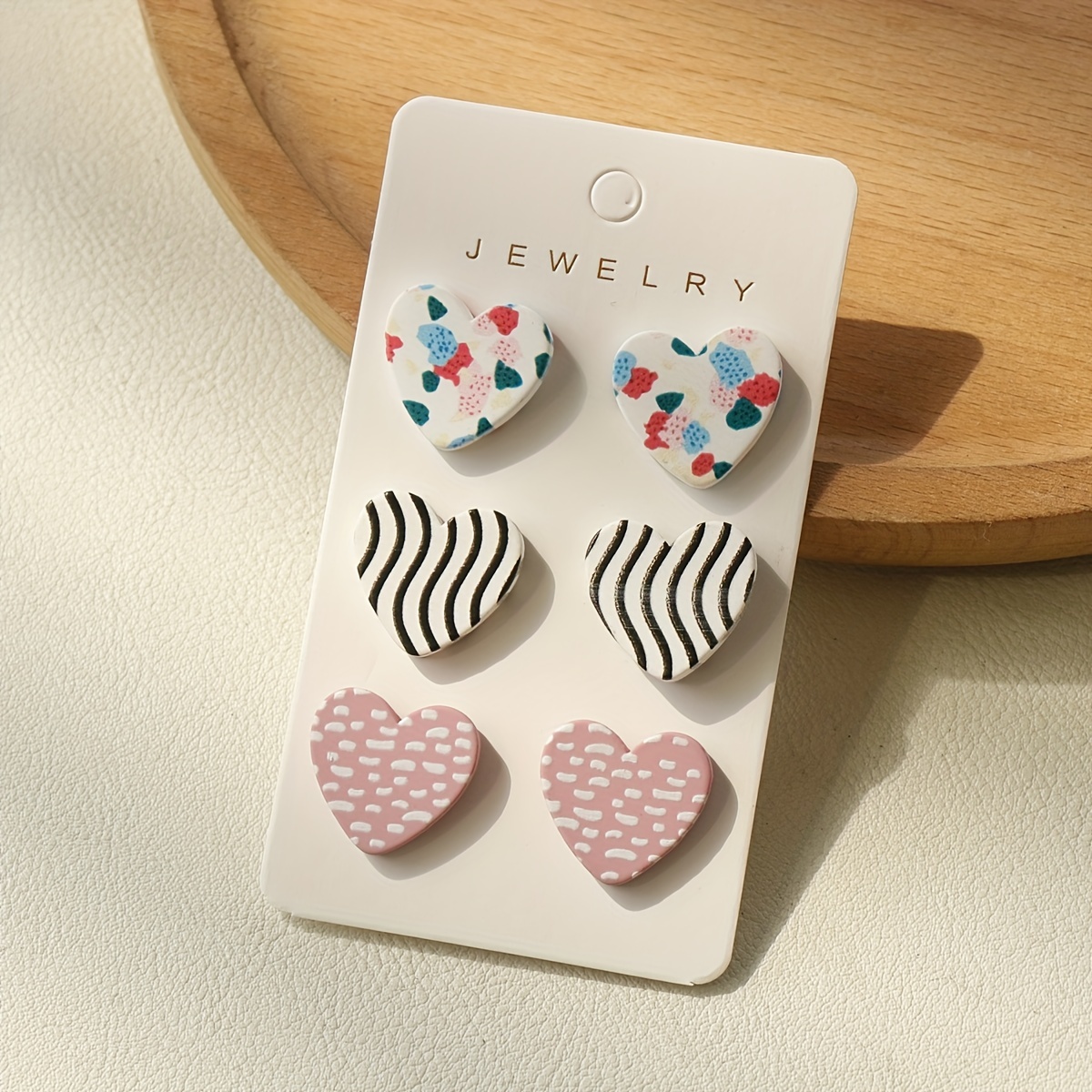 

3 Pairs/ Set Heart Shape Stud Earrings Colorful Pattern Ear Jewelry Polymer Clay Texture Elegant Cute Style Adorable Female Gift