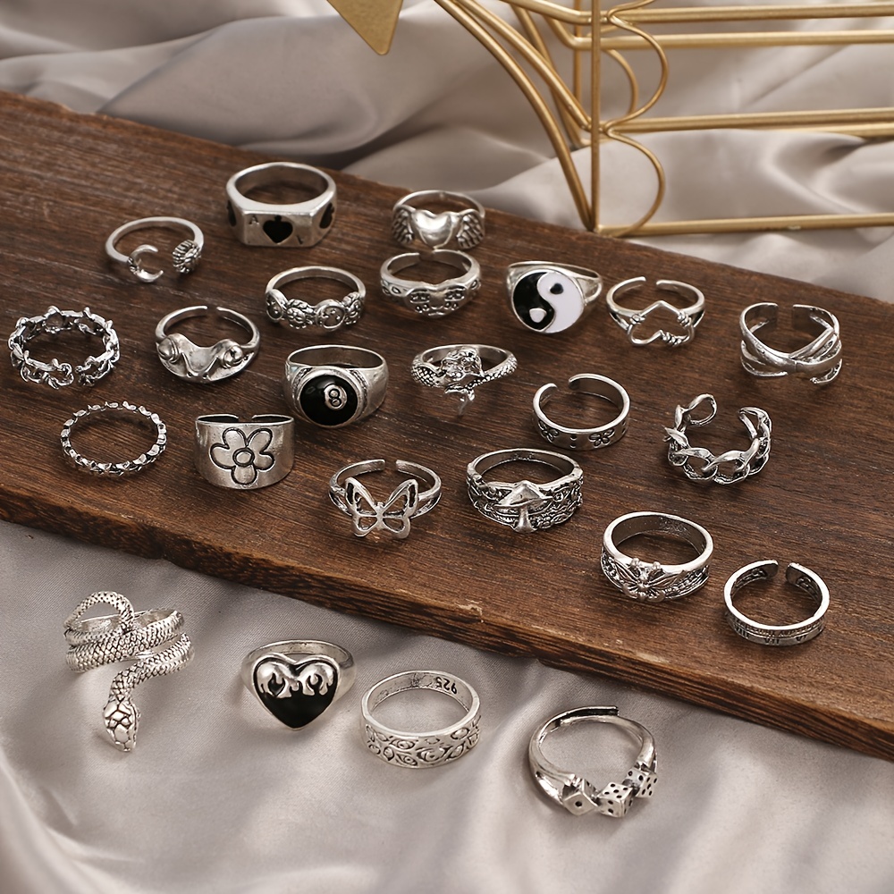 24pc Antique Silvery Vintage Stackable Ring Set, Punk Style