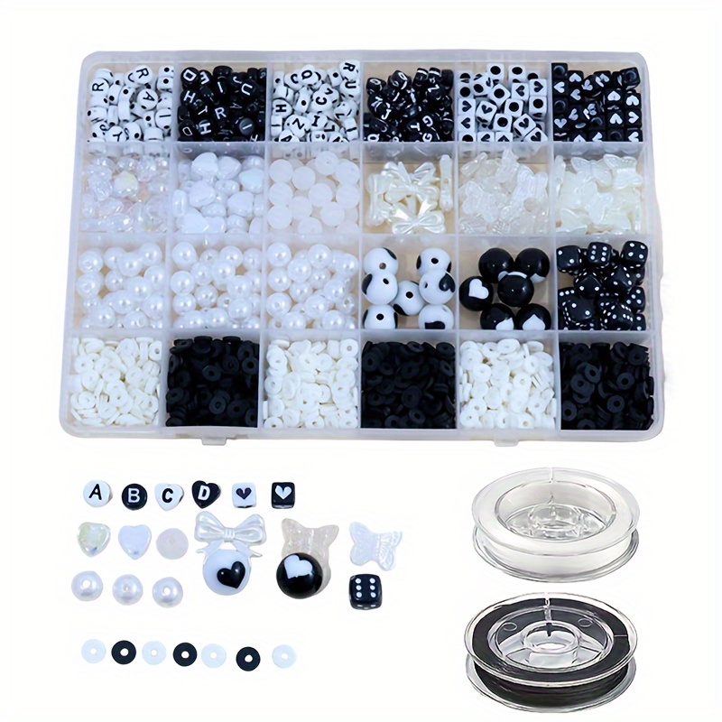 24 Grids 7.76oz Boxed Black And White Butterfly Love Acrylic Beads Polymer  Clay Beads Set With Two Elastic Threads For Jewelry Making DIY Bracelets
