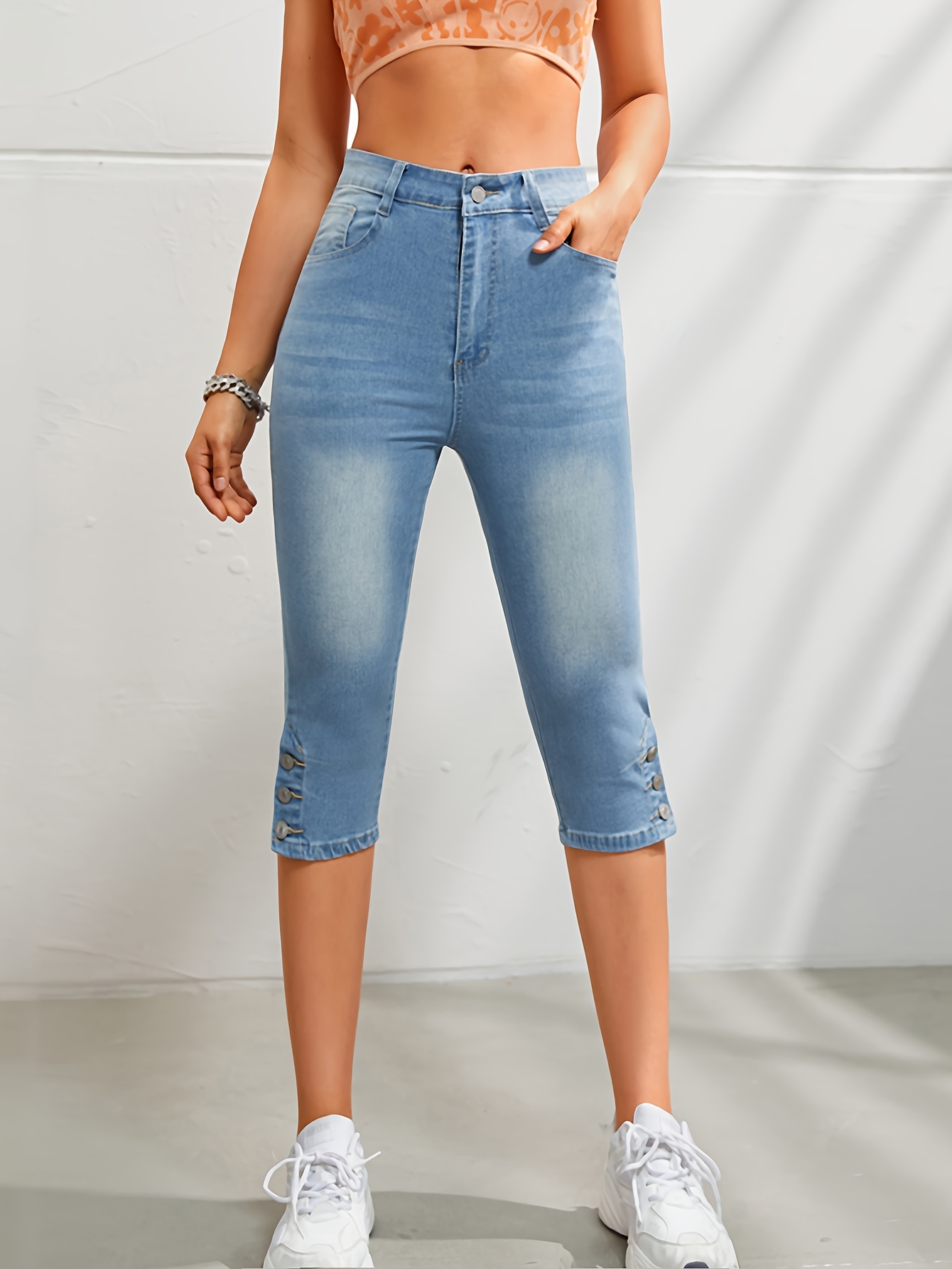 KA * Jeans Capri De Textura Suave Para Mujer , Cintura Elástica , Agujeros  Rasgados , Pantalones De Mezclilla Flacos , Dos Bolsillos , Streetwear