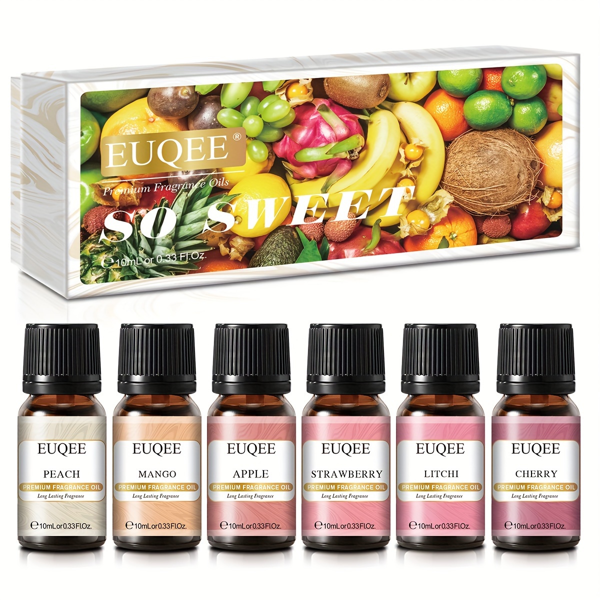 

6pcs 10ml Fragrance Essential Oils Set For Diffusers, Humidifiers, Soap Making -strawberry, Cherry, , , Mango, Peach
