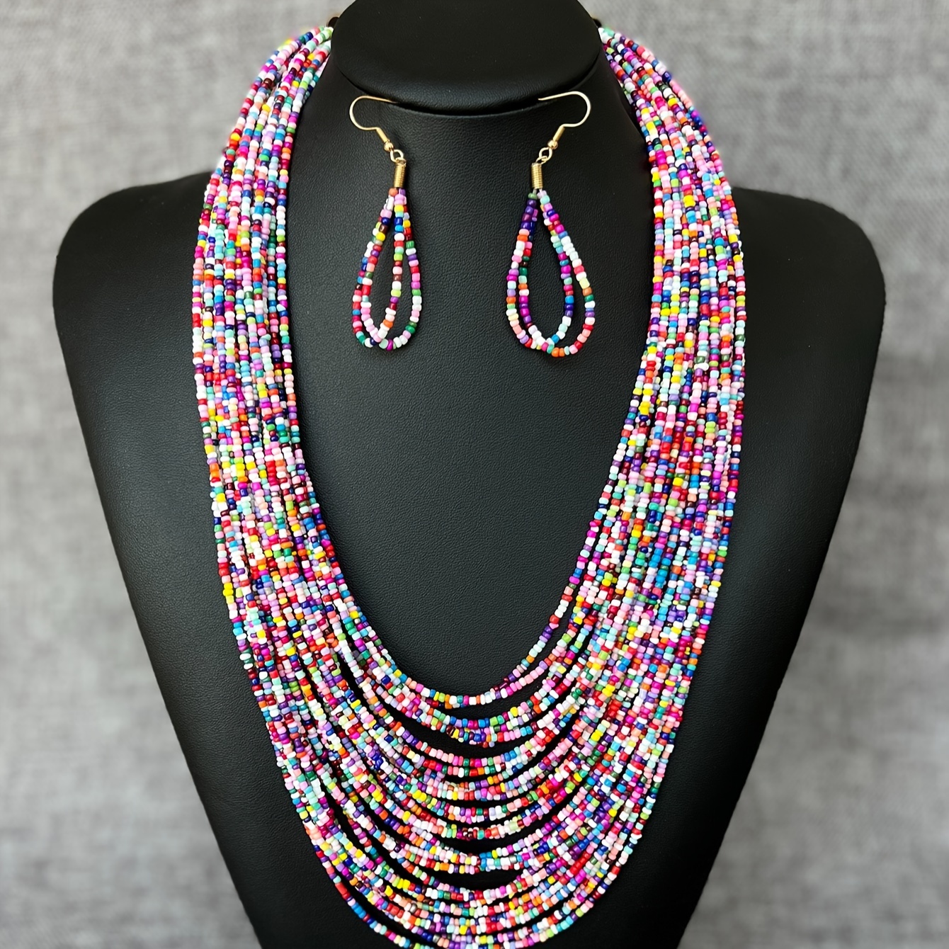 

Bohemian Ethnic Style Jewelry Set Set Multi-layer Colorful Rice Bead Necklace And Earrings Set Party And Festival Wearing