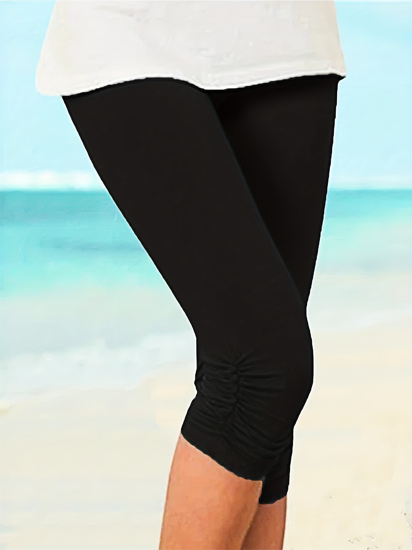 Black Mesh Stripe Stitching Capri Pants High Waist Tummy - Temu