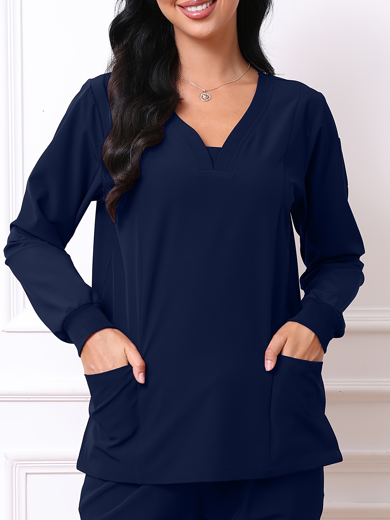 V Neck Dual Pocket Scrub Set Long Sleeve Scrub Top Scrub - Temu