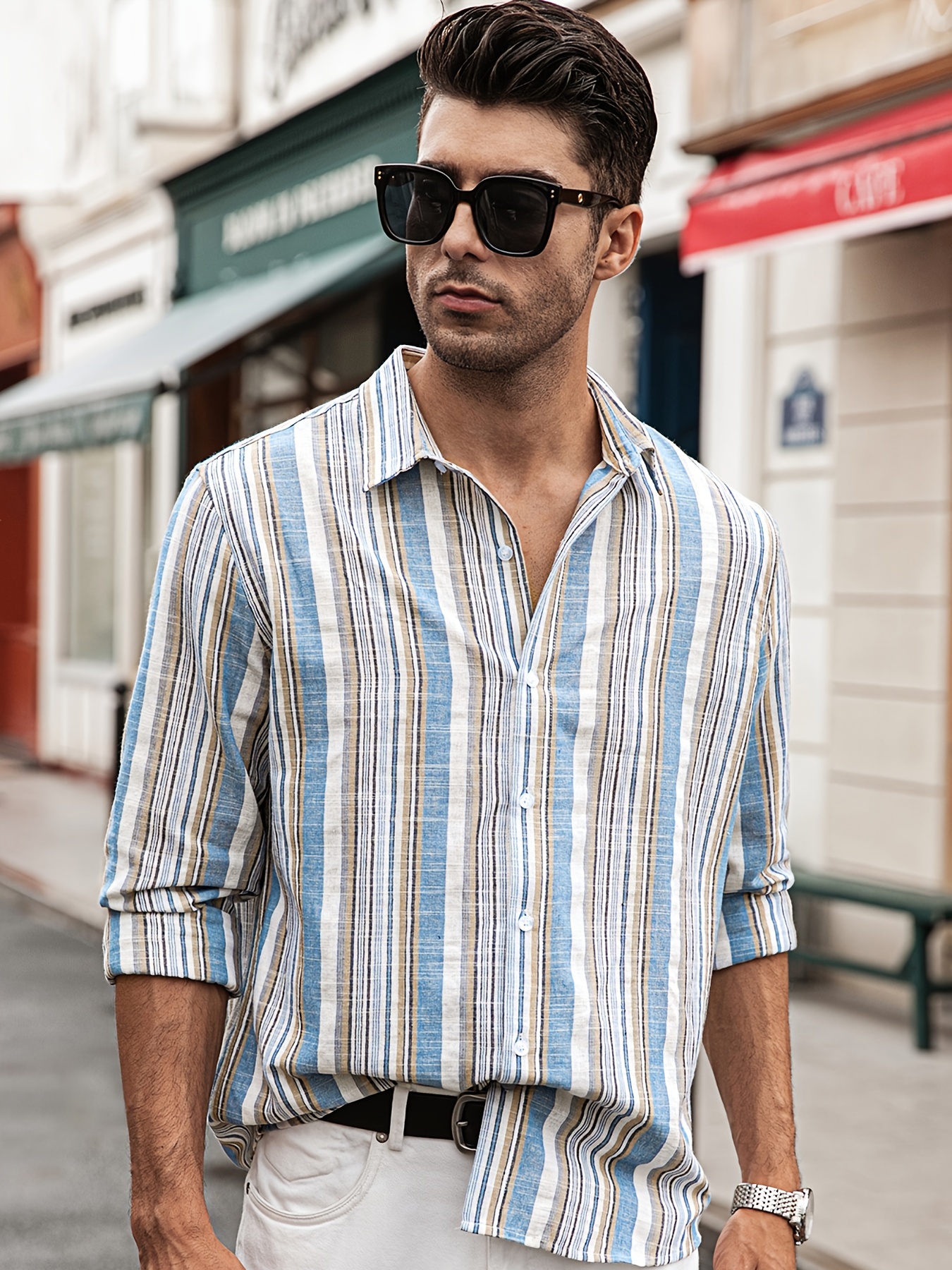 Striped Print Lapel Neck Long Sleeve Dress Shirt, Men's Button-down Non-stretch Casual Spring/fall Shirts Cotton Shirt