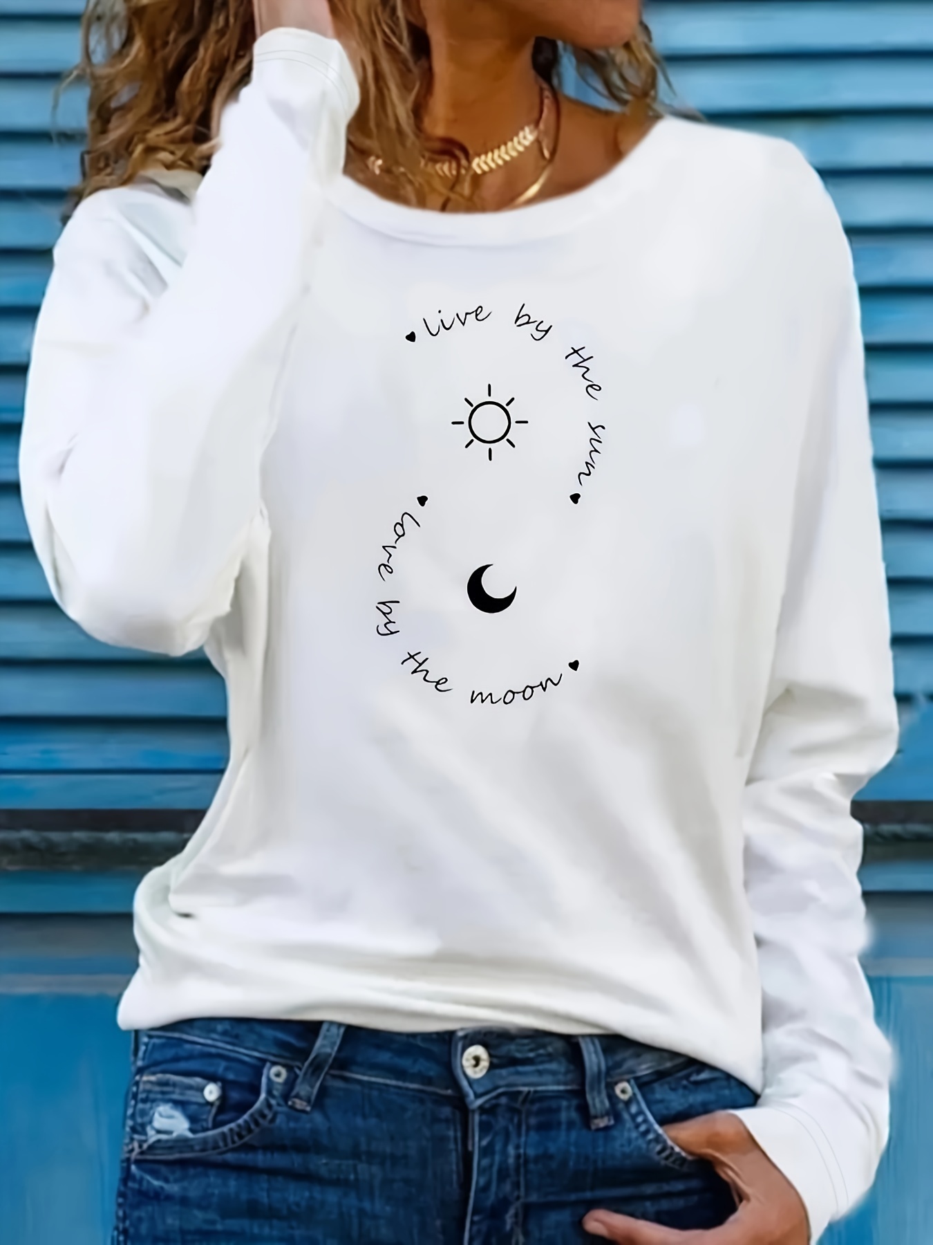 Sun & Moon Print T-shirt, Casual Crew Neck Long Sleeve T-shirt, Women's  Clothing