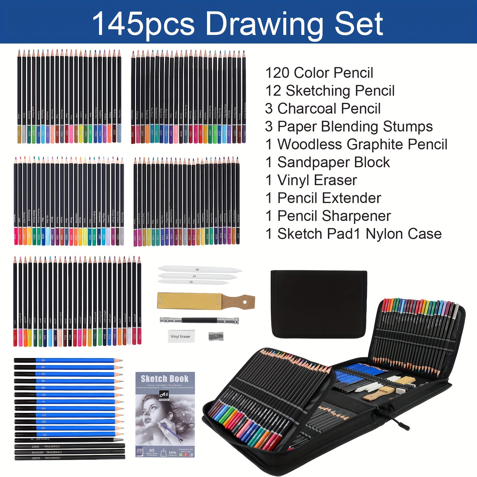145Pcs Drawing Colored Pencils Set Professional Sketching Graphite