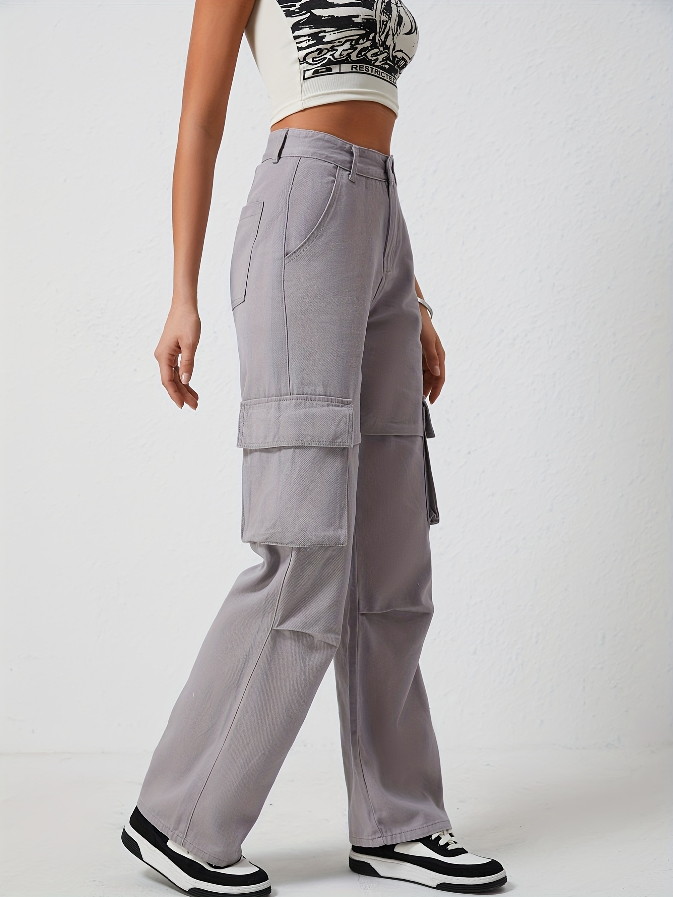 Fashion Women Casual Cargo Pants Khaki Solid Color High Waist