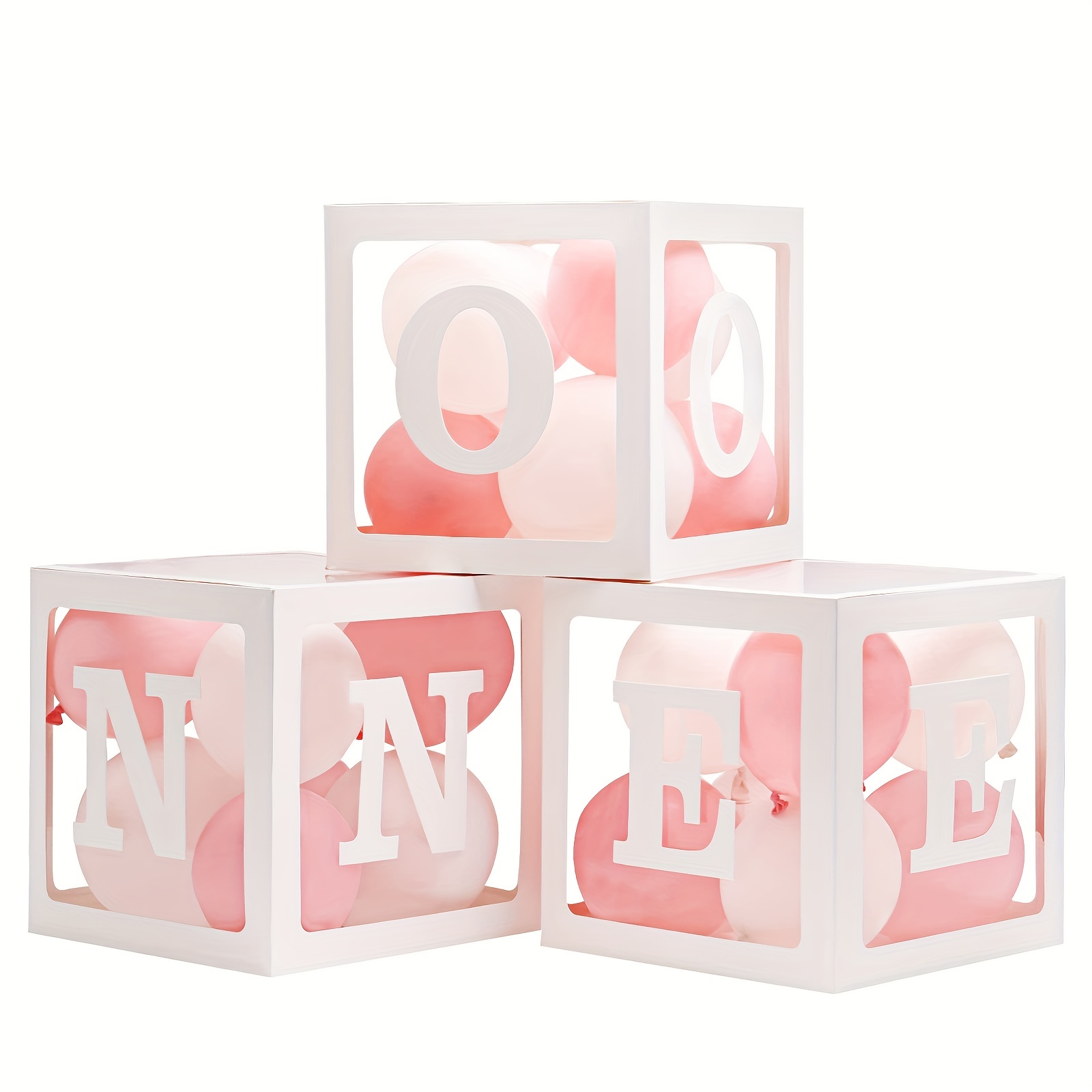 1st Birthday Balloon 'One' Boxes for 1 Year Old with 24 Balloons - Baby First Birthday Decorations Clear Cube Blocks 'One' Letters As Cake Smash