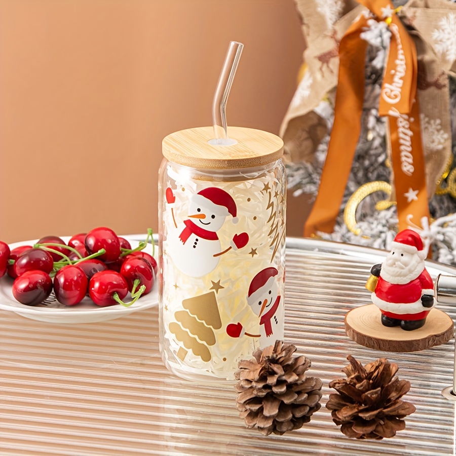 Ice Coffee Cup With Bamboo Lid And Glass Straw Santa Claus - Temu